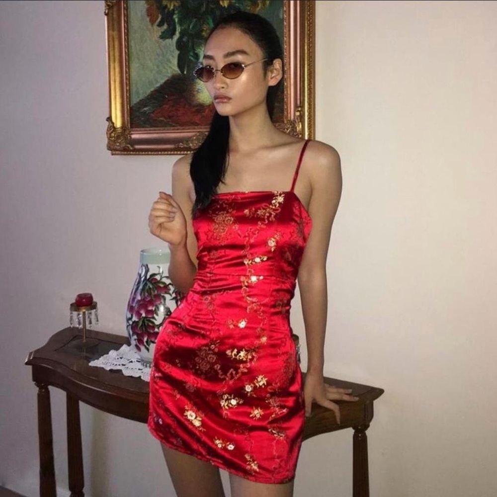 I.AM.GIA Kiko Mini Dress Bodycon Satin A-line Floral Red Gold Embroidery